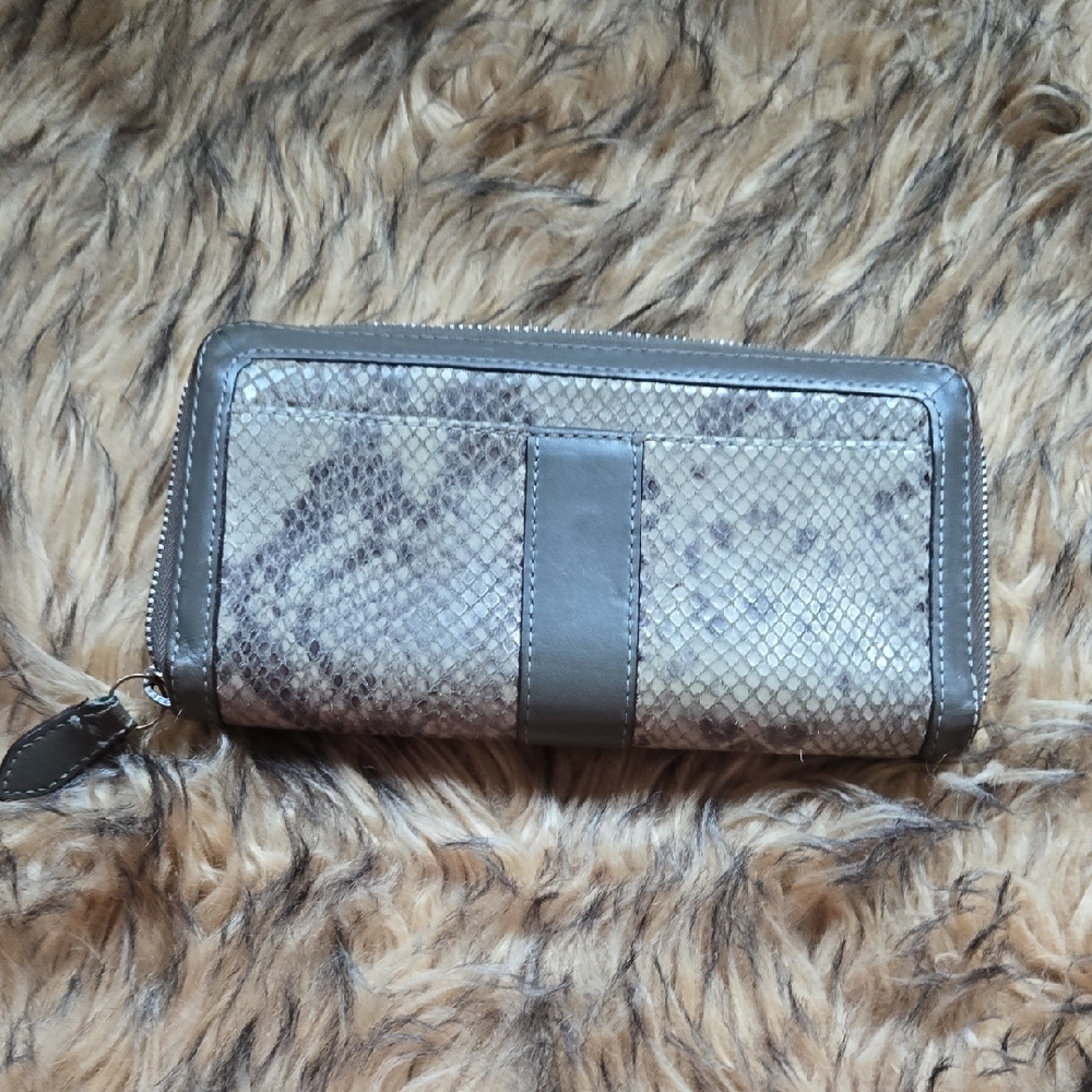 Coach leather and python snake nickel buckle gray-taupe zip around wallet - Picture 4 of 5